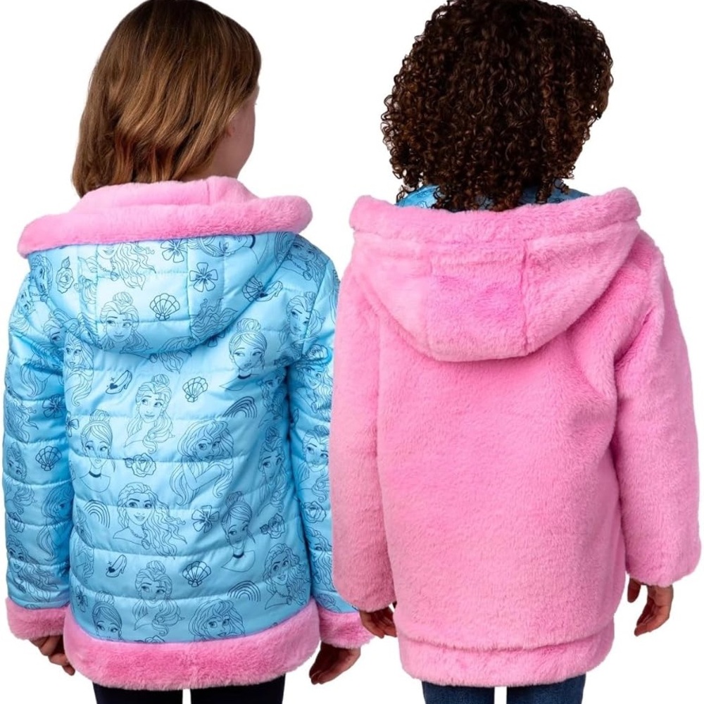 ❤️Disney Girls Puffer/Faux Fur Hooded Reversible Jacket Size 4 (NWT) - Picture 2 of 16
